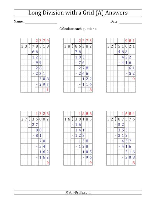The 5-Digit by 2-Digit Long Division with Remainders with Grid Assistance (All) Math Worksheet Page 2