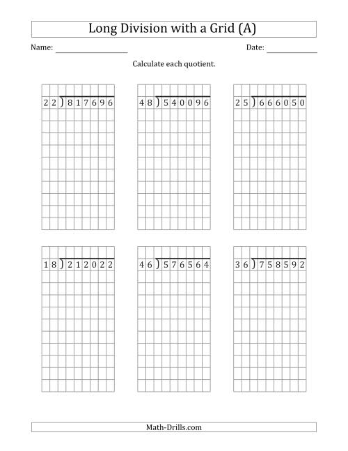 The 6-Digit by 2-Digit Long Division with Grid Assistance and NO Remainders (A) Math Worksheet