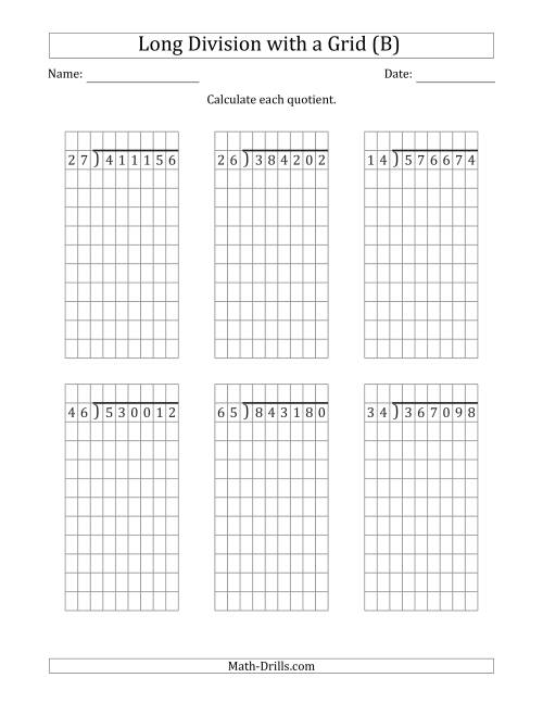 The 6-Digit by 2-Digit Long Division with Grid Assistance and NO Remainders (B) Math Worksheet