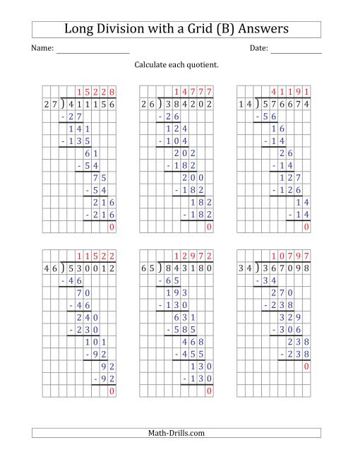 The 6-Digit by 2-Digit Long Division with Grid Assistance and NO Remainders (B) Math Worksheet Page 2