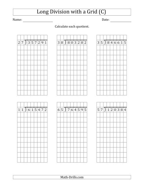 The 6-Digit by 2-Digit Long Division with Grid Assistance and NO Remainders (C) Math Worksheet