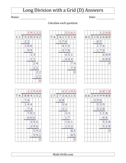The 6-Digit by 2-Digit Long Division with Grid Assistance and NO Remainders (D) Math Worksheet Page 2