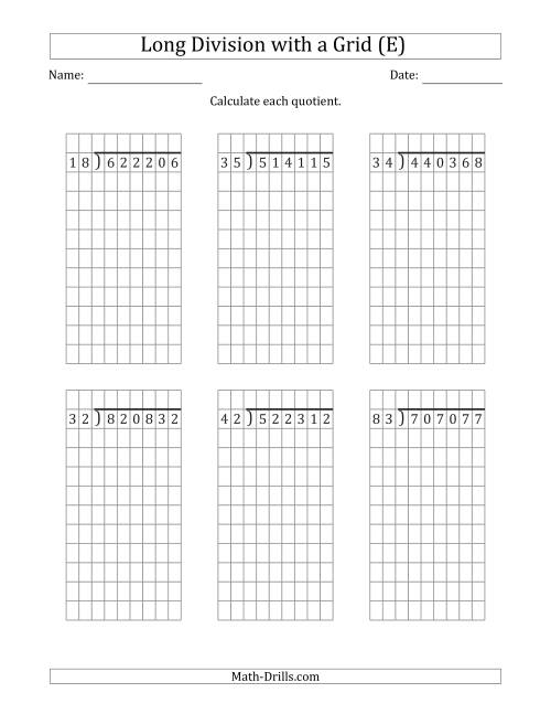 The 6-Digit by 2-Digit Long Division with Grid Assistance and NO Remainders (E) Math Worksheet