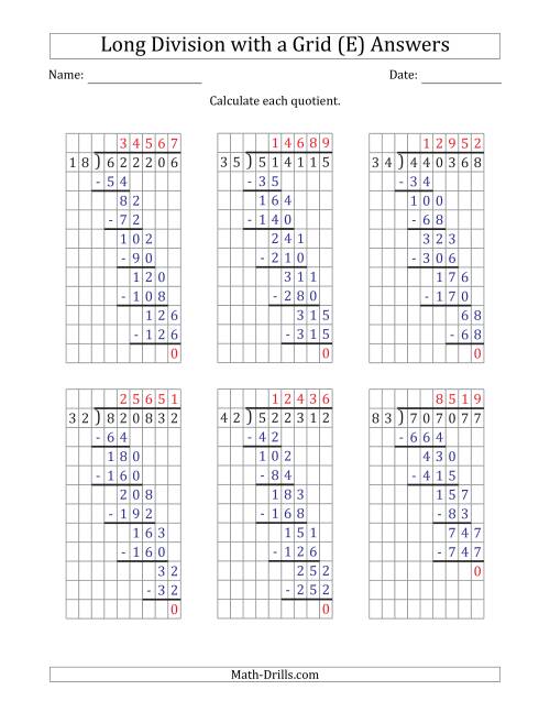 The 6-Digit by 2-Digit Long Division with Grid Assistance and NO Remainders (E) Math Worksheet Page 2