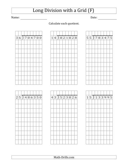 The 6-Digit by 2-Digit Long Division with Grid Assistance and NO Remainders (F) Math Worksheet