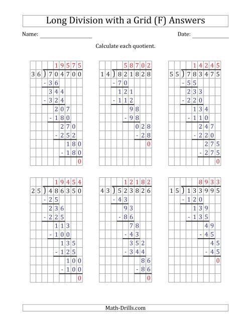 The 6-Digit by 2-Digit Long Division with Grid Assistance and NO Remainders (F) Math Worksheet Page 2