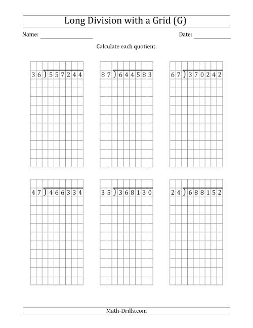The 6-Digit by 2-Digit Long Division with Grid Assistance and NO Remainders (G) Math Worksheet