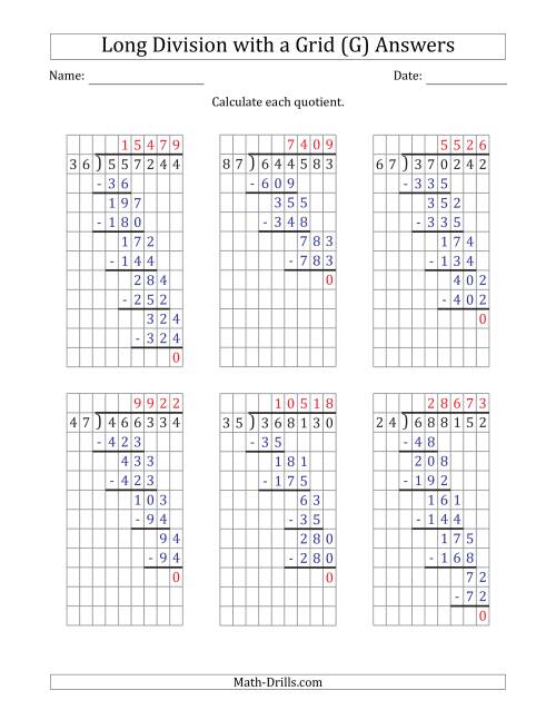 The 6-Digit by 2-Digit Long Division with Grid Assistance and NO Remainders (G) Math Worksheet Page 2