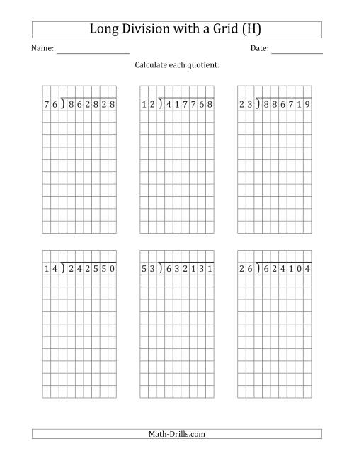 The 6-Digit by 2-Digit Long Division with Grid Assistance and NO Remainders (H) Math Worksheet