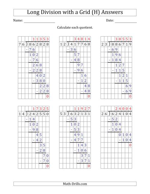 The 6-Digit by 2-Digit Long Division with Grid Assistance and NO Remainders (H) Math Worksheet Page 2