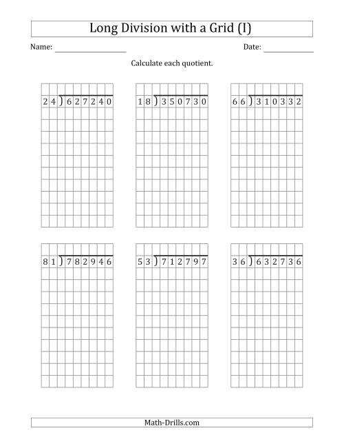 The 6-Digit by 2-Digit Long Division with Grid Assistance and NO Remainders (I) Math Worksheet