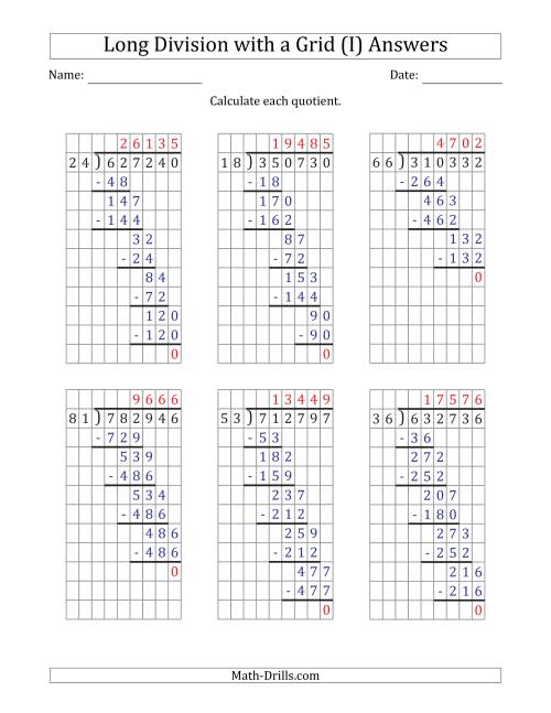 The 6-Digit by 2-Digit Long Division with Grid Assistance and NO Remainders (I) Math Worksheet Page 2