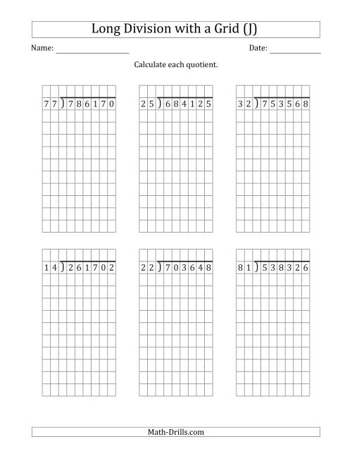 The 6-Digit by 2-Digit Long Division with Grid Assistance and NO Remainders (J) Math Worksheet