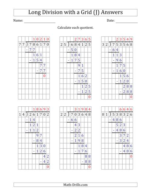 The 6-Digit by 2-Digit Long Division with Grid Assistance and NO Remainders (J) Math Worksheet Page 2