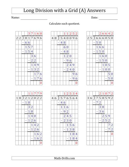 The 6-Digit by 2-Digit Long Division with Grid Assistance and NO Remainders (All) Math Worksheet Page 2