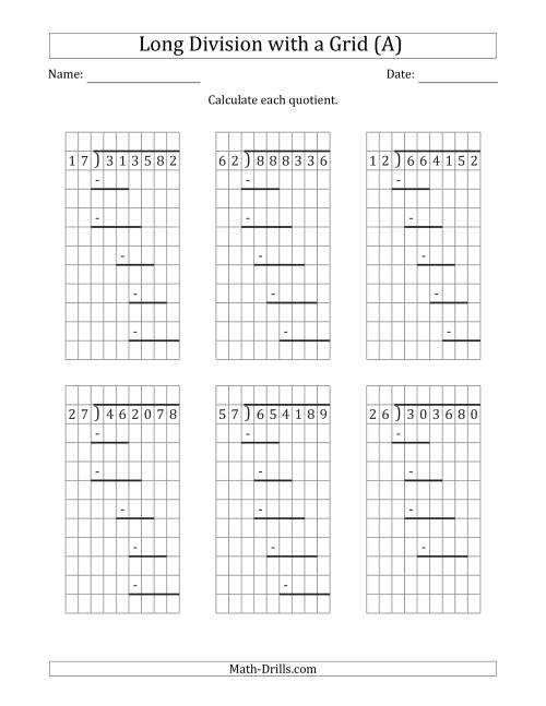 The 6-Digit by 2-Digit Long Division with Grid Assistance and Prompts and NO Remainders (A) Math Worksheet