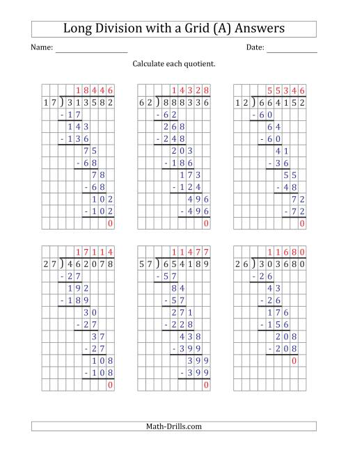 The 6-Digit by 2-Digit Long Division with Grid Assistance and Prompts and NO Remainders (A) Math Worksheet Page 2