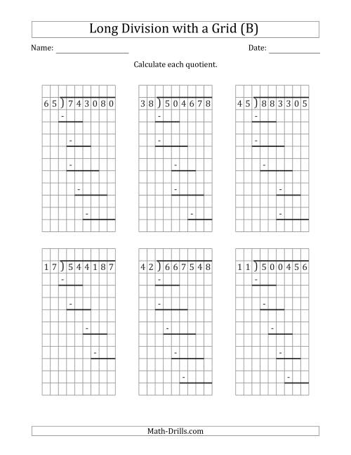 The 6-Digit by 2-Digit Long Division with Grid Assistance and Prompts and NO Remainders (B) Math Worksheet