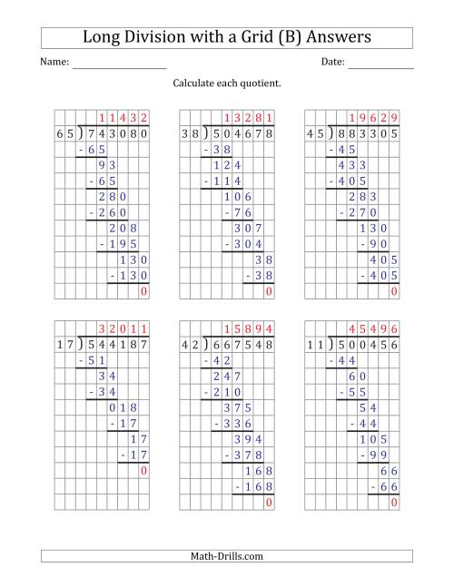 The 6-Digit by 2-Digit Long Division with Grid Assistance and Prompts and NO Remainders (B) Math Worksheet Page 2