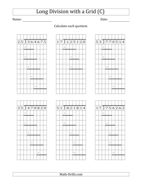 The 6-Digit by 2-Digit Long Division with Grid Assistance and Prompts and NO Remainders (C) Math Worksheet