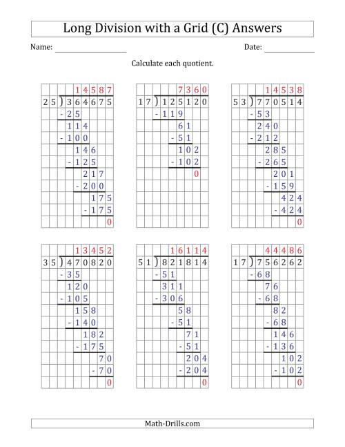 The 6-Digit by 2-Digit Long Division with Grid Assistance and Prompts and NO Remainders (C) Math Worksheet Page 2