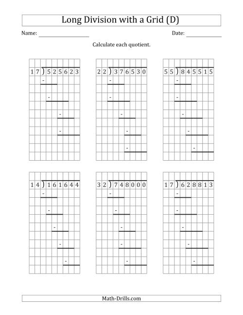 The 6-Digit by 2-Digit Long Division with Grid Assistance and Prompts and NO Remainders (D) Math Worksheet