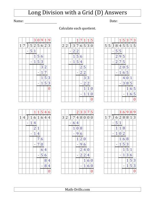 The 6-Digit by 2-Digit Long Division with Grid Assistance and Prompts and NO Remainders (D) Math Worksheet Page 2