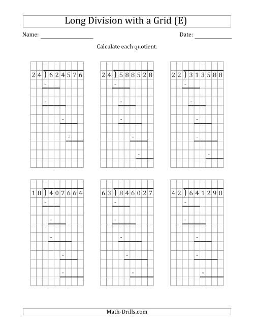 The 6-Digit by 2-Digit Long Division with Grid Assistance and Prompts and NO Remainders (E) Math Worksheet
