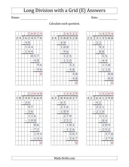 The 6-Digit by 2-Digit Long Division with Grid Assistance and Prompts and NO Remainders (E) Math Worksheet Page 2