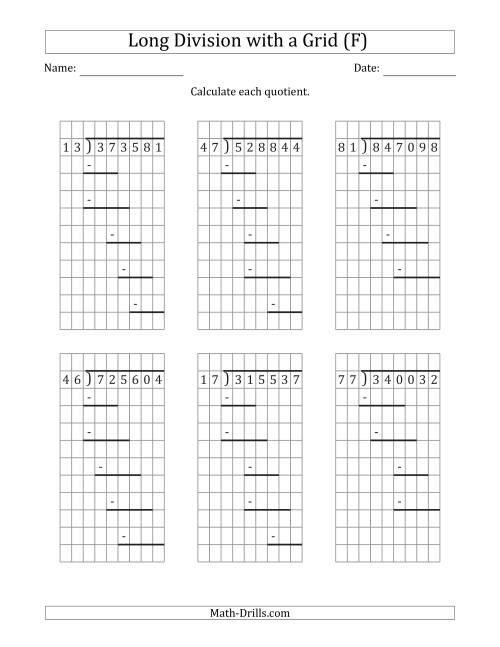 The 6-Digit by 2-Digit Long Division with Grid Assistance and Prompts and NO Remainders (F) Math Worksheet