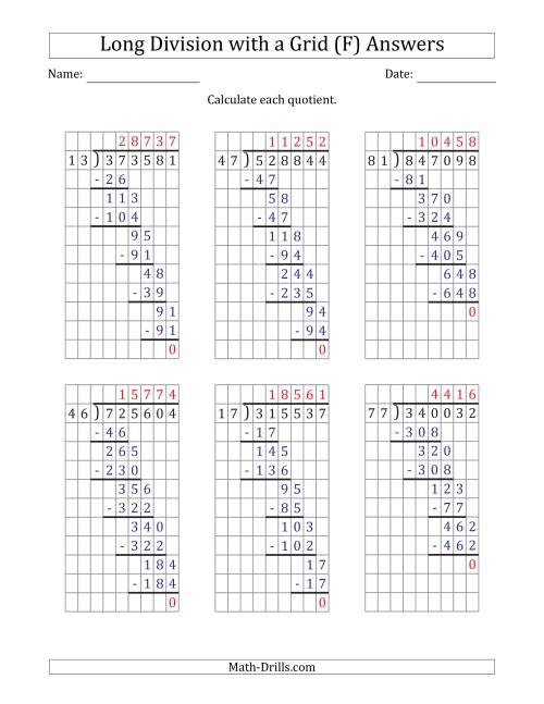 The 6-Digit by 2-Digit Long Division with Grid Assistance and Prompts and NO Remainders (F) Math Worksheet Page 2