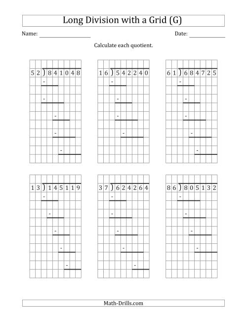 The 6-Digit by 2-Digit Long Division with Grid Assistance and Prompts and NO Remainders (G) Math Worksheet
