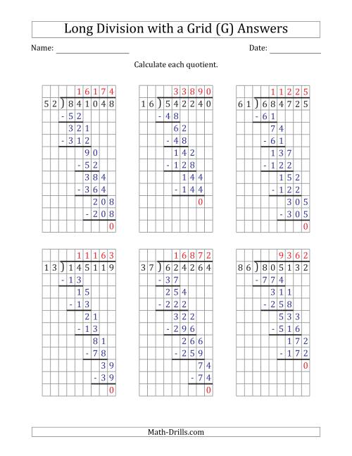 The 6-Digit by 2-Digit Long Division with Grid Assistance and Prompts and NO Remainders (G) Math Worksheet Page 2