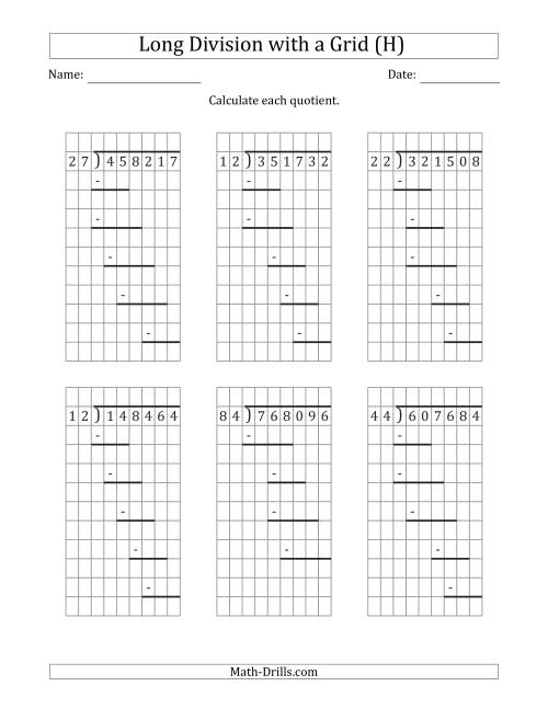 The 6-Digit by 2-Digit Long Division with Grid Assistance and Prompts and NO Remainders (H) Math Worksheet