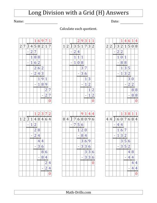 The 6-Digit by 2-Digit Long Division with Grid Assistance and Prompts and NO Remainders (H) Math Worksheet Page 2
