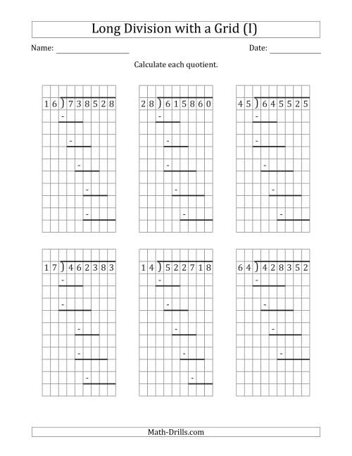 The 6-Digit by 2-Digit Long Division with Grid Assistance and Prompts and NO Remainders (I) Math Worksheet