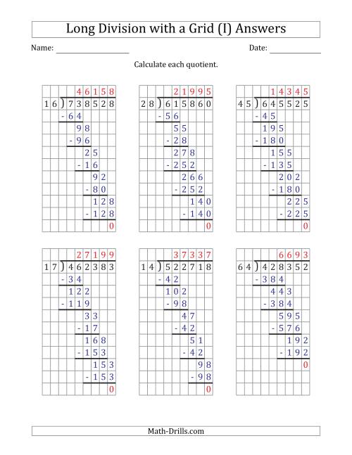 The 6-Digit by 2-Digit Long Division with Grid Assistance and Prompts and NO Remainders (I) Math Worksheet Page 2