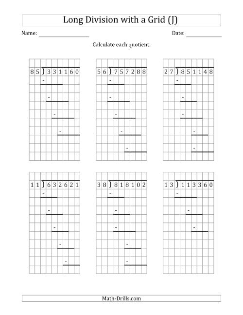 The 6-Digit by 2-Digit Long Division with Grid Assistance and Prompts and NO Remainders (J) Math Worksheet