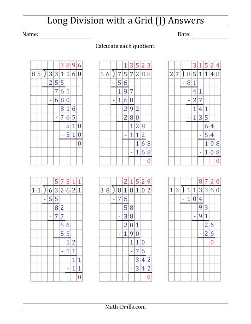 The 6-Digit by 2-Digit Long Division with Grid Assistance and Prompts and NO Remainders (J) Math Worksheet Page 2