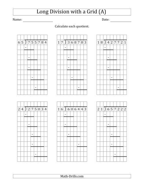 The 6-Digit by 2-Digit Long Division with Remainders with Grid Assistance and Prompts (A) Math Worksheet