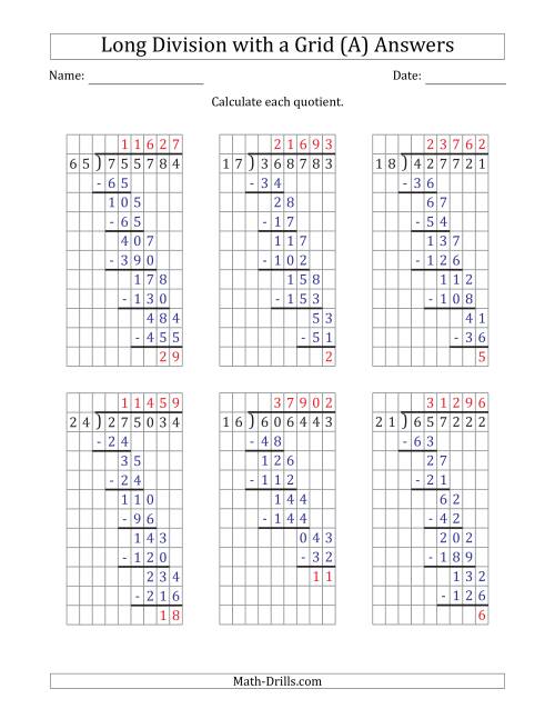 The 6-Digit by 2-Digit Long Division with Remainders with Grid Assistance and Prompts (A) Math Worksheet Page 2