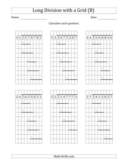 The 6-Digit by 2-Digit Long Division with Remainders with Grid Assistance and Prompts (B) Math Worksheet
