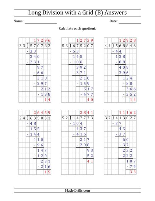 The 6-Digit by 2-Digit Long Division with Remainders with Grid Assistance and Prompts (B) Math Worksheet Page 2