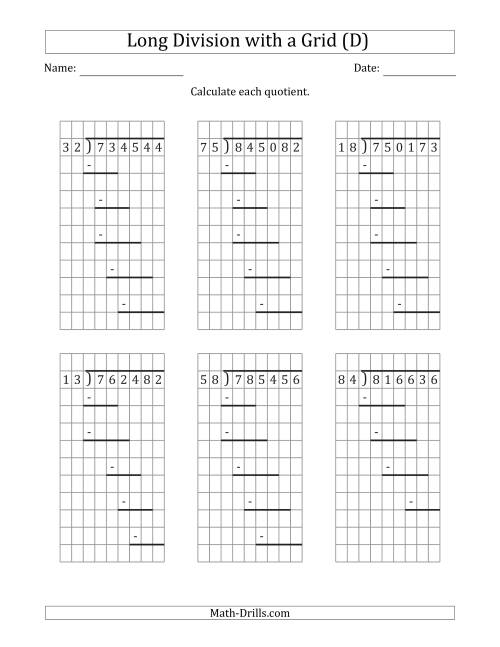 The 6-Digit by 2-Digit Long Division with Remainders with Grid Assistance and Prompts (D) Math Worksheet