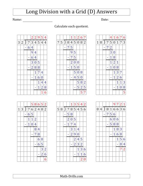 The 6-Digit by 2-Digit Long Division with Remainders with Grid Assistance and Prompts (D) Math Worksheet Page 2