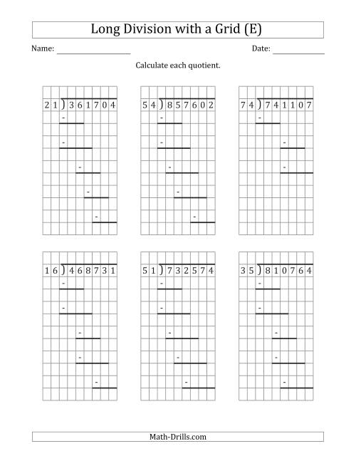 The 6-Digit by 2-Digit Long Division with Remainders with Grid Assistance and Prompts (E) Math Worksheet