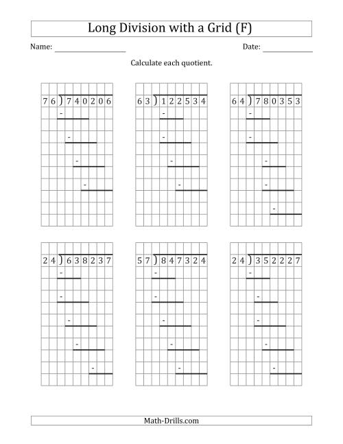 The 6-Digit by 2-Digit Long Division with Remainders with Grid Assistance and Prompts (F) Math Worksheet