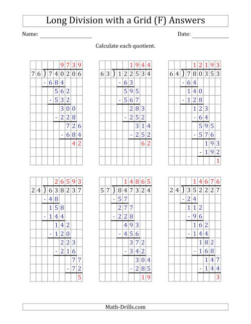The 6-Digit by 2-Digit Long Division with Remainders with Grid Assistance and Prompts (F) Math Worksheet Page 2