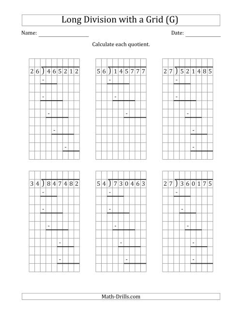The 6-Digit by 2-Digit Long Division with Remainders with Grid Assistance and Prompts (G) Math Worksheet