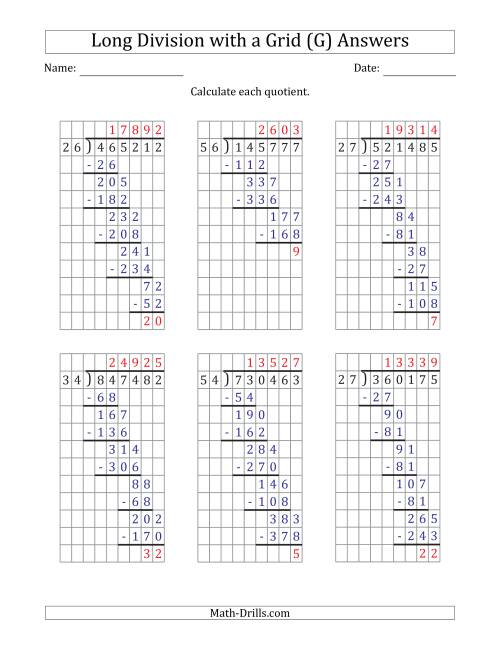 The 6-Digit by 2-Digit Long Division with Remainders with Grid Assistance and Prompts (G) Math Worksheet Page 2